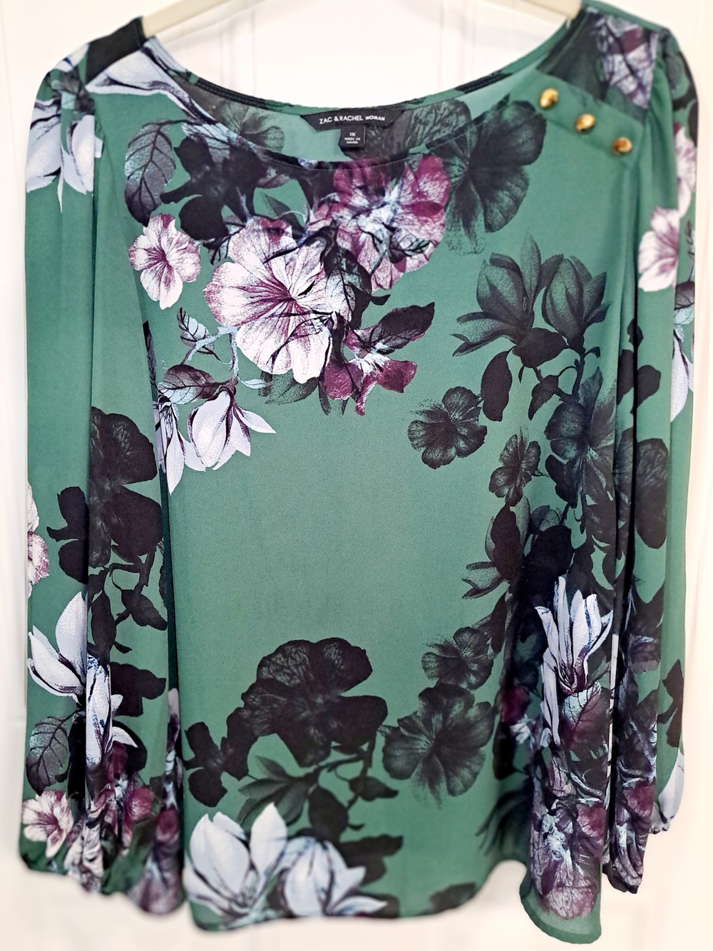 Zac & Rachel Green Floral Blouse with Purple Print